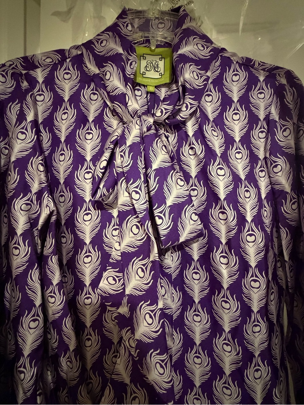 Elizabeth McKay Purple and White Peacock-Print Tie-Neck Blouse